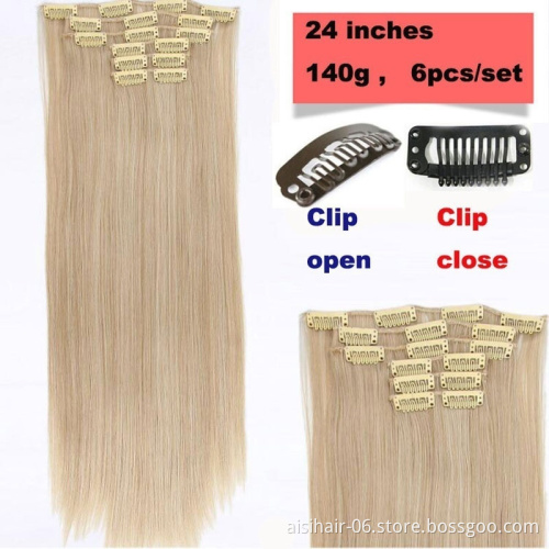 Aisi Hair 24 inch Synthetic Clip in Hair Extension 16 Clips 6pcs/Set Silky Straight Hair Extensions Hairpiece For Women